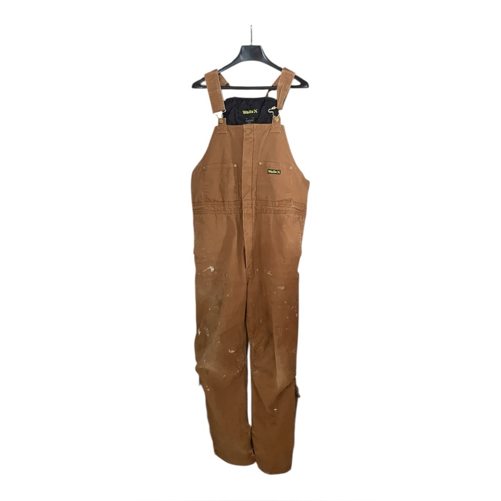 Walls Mens Bib Overalls Jumpsuit Brown Tan Suspenders Canvas Large LT stains